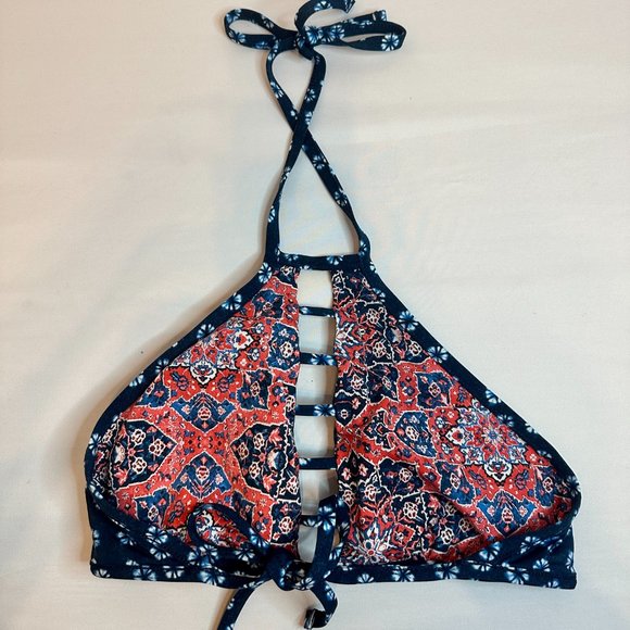 Lucky Brand Navy/Coral Festival Medallion Reversible High Neck Bikini Top - XS/S - Picture 5 of 8